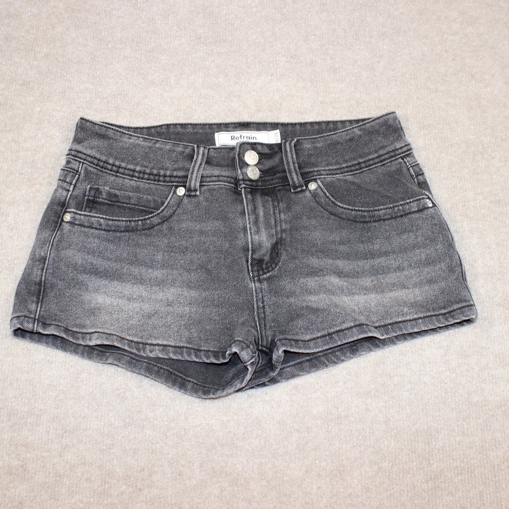 Refrain Los Angeles Washed Black Gray Denim Shorts Size 9/29 Double Button Flap